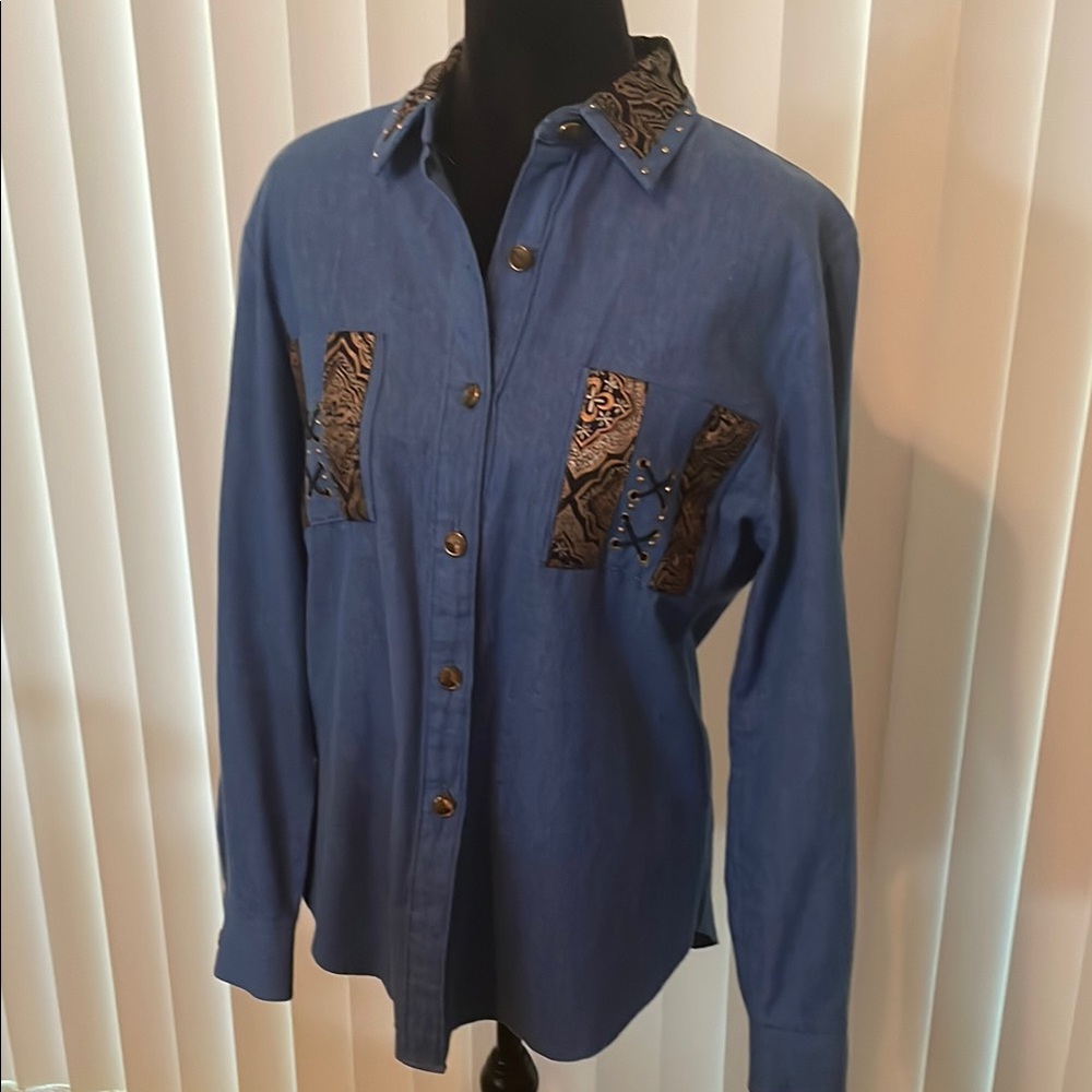 Blue Western Shirt with Patterned Accents